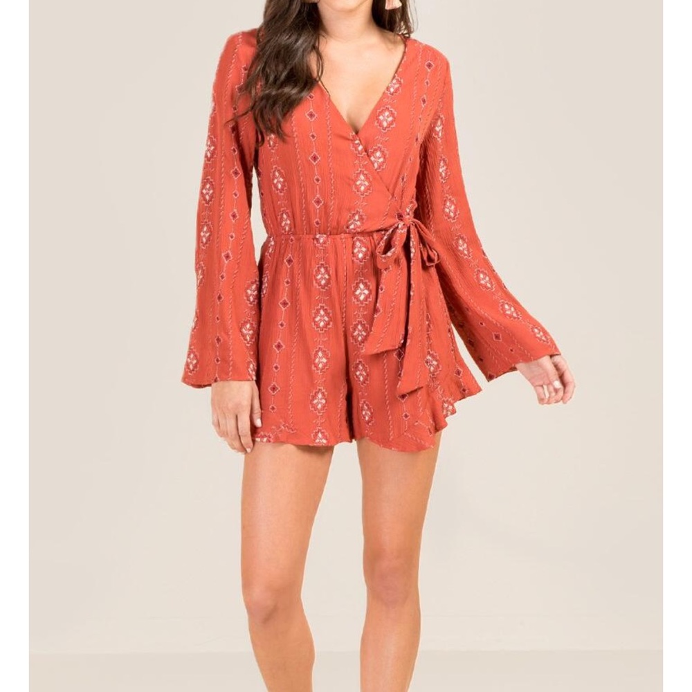 Francesca’s Embroidered Dark Orange/Red Romper Medium